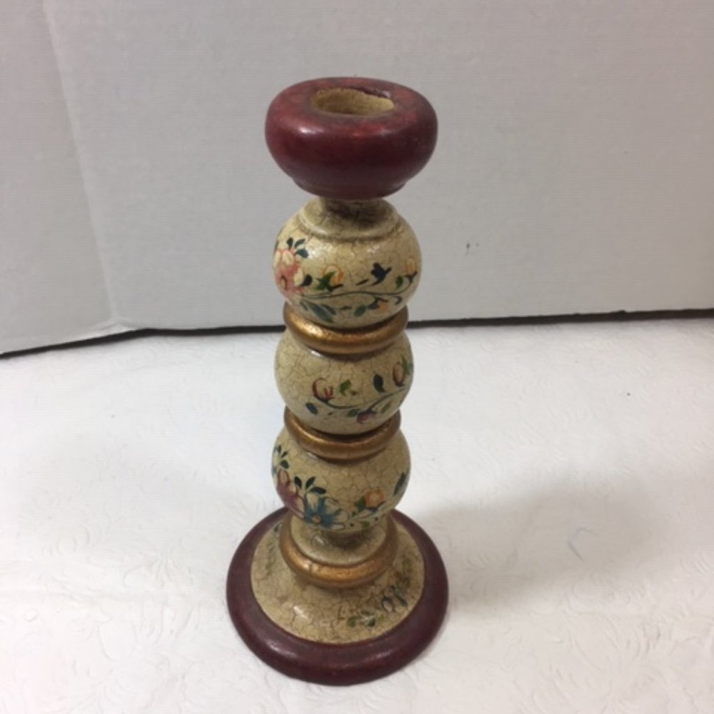 Vintage Hand Painted Wood Toleware Candle Stick Holder from Peru 8